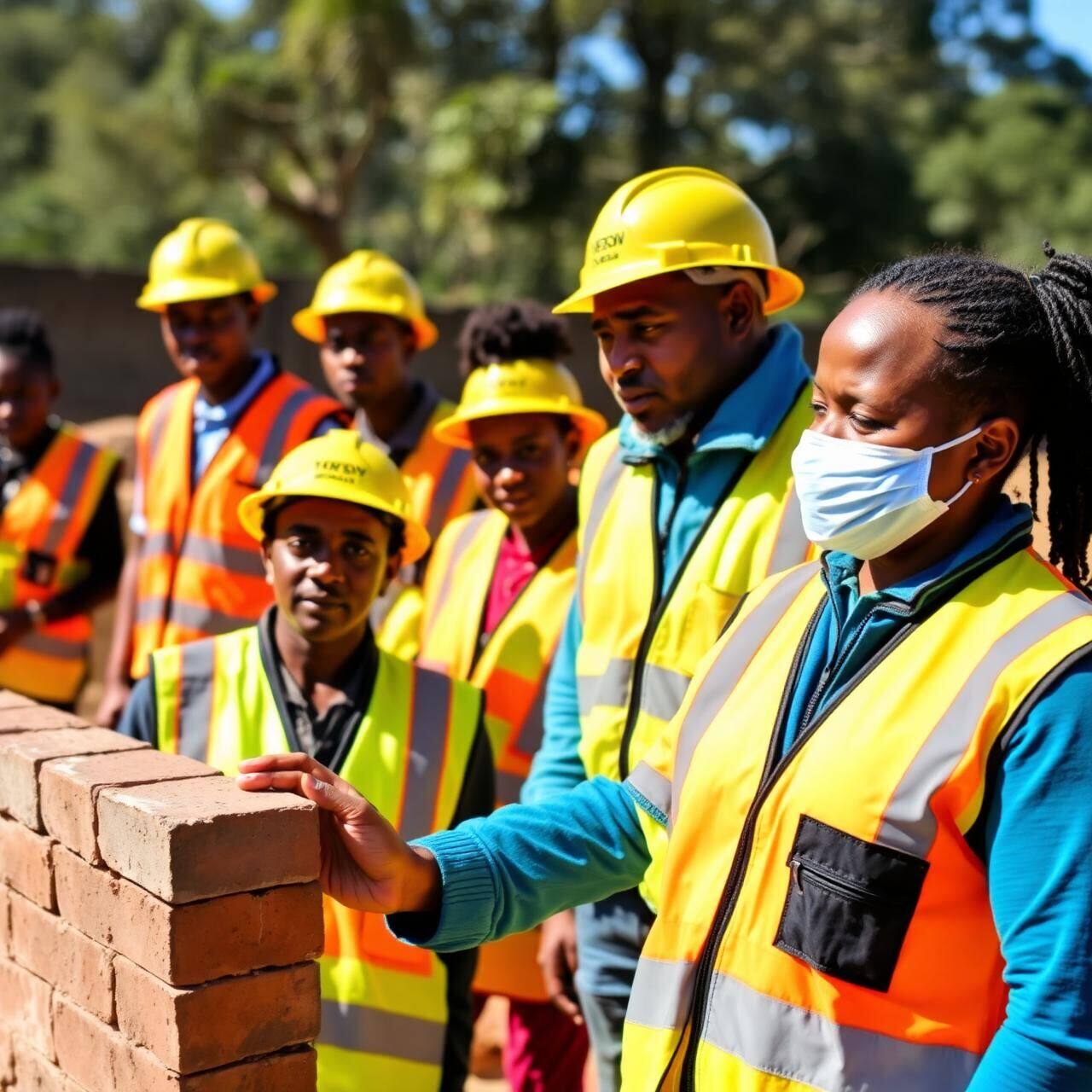 Bricklaying skills training with EPWP participants in safety vests